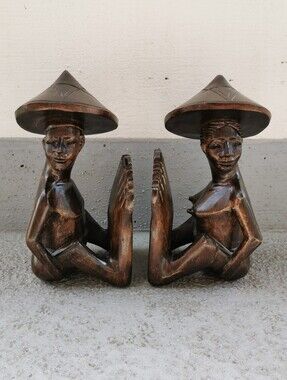 Vintage Hand Carved Wooden Figural Bookends Southeast Asian Folk Art Pair
